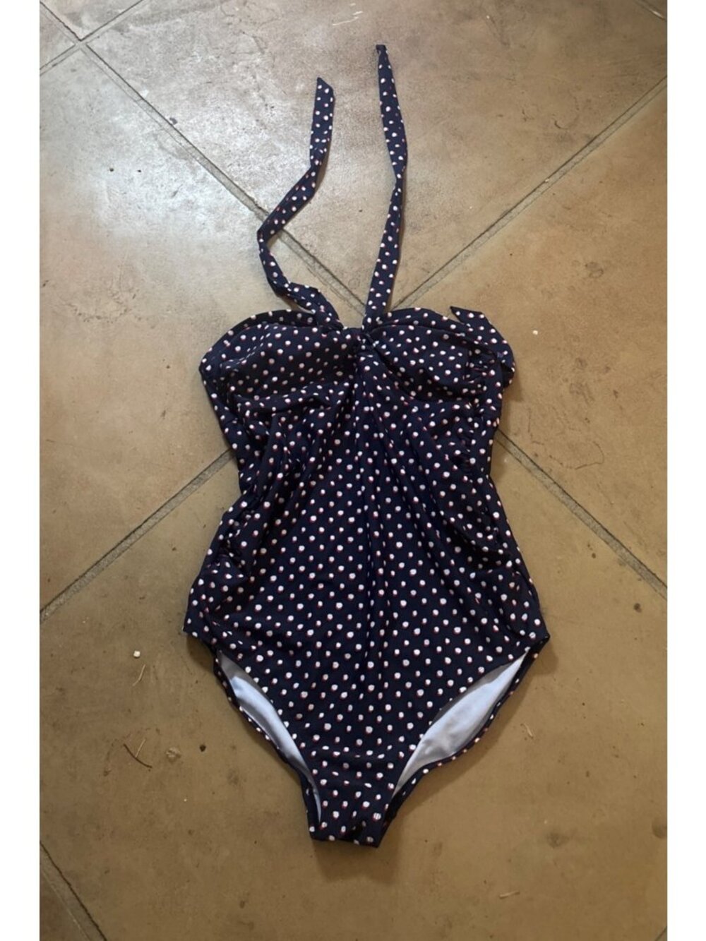 Isabel Maternity One Piece Swimsuit LRG Navy Blue Red Polka Dots Ruched Side